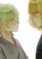  2boys armor bags_under_eyes black_armor black_shirt blonde_hair blue_eyes breastplate closed_mouth commentary dimitri_alexandre_blaiddyd dimitri_alexandre_blaiddyd_(timeskip) earnonoart eye_contact fire_emblem fire_emblem:_three_houses from_side green_eyes green_hair highres looking_at_another male_byleth_(enlightened)_(fire_emblem) male_byleth_(fire_emblem) male_focus multiple_boys nintendo parted_bangs profile shirt simple_background turtleneck upper_body v-neck white_background white_shirt 
