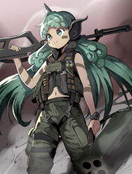  alternate_costume commando_(movie) green_eyes grey_hair highres komano_aunn parody pointy_ears solo syope touhou 