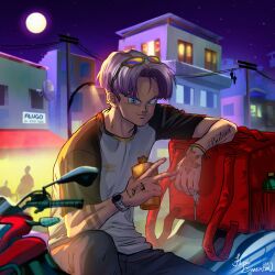  1boy alternate_costume arm_tattoo backpack bag black_shirt blue_eyes bottle bracelet brazil building charm_(object) closed_mouth cup cursive dragon_ball earrings filipeemerson3 flower_tattoo full_moon glasses gold_earrings hand_tattoo highres holding holding_cup jewelry logo looking_at_viewer male_focus moon motor_vehicle motorcycle night outdoors pants portuguese_text product_placement purple_hair satellite_dish scenery shirt signature sitting sky slums smile soccer_uniform solo_focus sport_club_do_recife sportswear star_(sky) sword tattoo trunks_(dragon_ball) trunks_(future)_(dragon_ball) two-tone_shirt umbro upper_body watch weapon white_shirt window wristwatch 