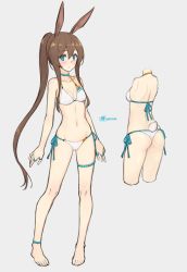 1girl amiya_(arknights) animal_ears aqua_eyes arknights bare_shoulders bikini blush breasts brown_hair collar collarbone commentary_request dan_(kumadan) female_focus hair_between_eyes halterneck highres jewelry long_hair looking_at_viewer navel ponytail rabbit_ears rabbit_tail ring side-tie_bikini_bottom signature simple_background small_breasts solo string_bikini swimsuit tail thigh_strap very_long_hair white_background white_bikini rating:Sensitive score:29 user:danbooru