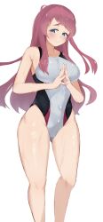  1girl absurdres ahoge blue_eyes blush breasts competition_swimsuit feet_out_of_frame groin highleg highleg_one-piece_swimsuit highres large_breasts looking_at_viewer minamoto_sakura one-piece_swimsuit own_hands_together pirumu raised_eyebrows red_hair simple_background solo standing swimsuit thighs wet white_background white_one-piece_swimsuit zombie_land_saga 