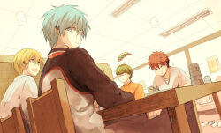  4boys :t aqua_hair arm_on_table black_eyes black_shirt blonde_hair blue_eyes bowl breast_pocket bright_pupils ceiling ceiling_light chain chain_necklace chewing chopsticks closed_mouth collared_shirt commentary_request crumbs dutch_angle eating expressionless glasses glutton gold_chain green_eyes grey_shoes hair_between_eyes happy high_collar holding holding_chopsticks hood hood_down hoodie hot_dog indoors jewelry kagami_taiga kise_ryouta kuroko_no_basuke kuroko_tetsuya looking_at_another looking_at_viewer looking_back male_focus messy_hair midorima_shintarou multiple_boys necklace on_chair opaque_glasses open_mouth orange_shirt pocket red_hair restaurant shirt shoes short_hair short_sleeves shoumu sitting smile sneakers t-shirt talking tile_ceiling tiles two-tone_shirt unworn_shoe upper_body v-shaped_eyebrows vent_(object) white_hoodie white_pupils white_shirt white_shoes wide-eyed window yellow_eyes 