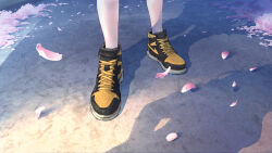  2others air_jordan air_jordan_1 ambiguous_gender cherry_blossoms day footwear_focus highres kashimuraito multiple_others nike_(company) original out_of_frame outdoors pavement road shadow shoes sneakers solo_focus 