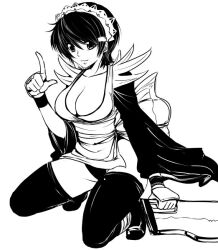  1girl apron arm_guards black_eyes black_hair black_leotard black_sleeves black_thighhighs breasts butterfly_swords cleavage closed_mouth full_body full_moon greyscale holding holding_sword holding_weapon iroha_(samurai_spirits) large_breasts leotard maid maid_apron maid_headdress monochrome moon samurai_spirits short_hair simple_background smile snk solo suta_furachina sword tareme thighhighs thighs weapon white_background 