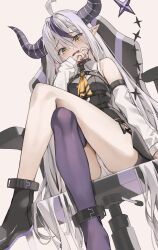  1girl absurdres ahoge black_dress black_horns blush chair chest_harness collar commentary crossed_legs demon_girl demon_horns detached_sleeves dress from_below gaming_chair grey_hair hair_between_eyes harness highres hololive horns la+_darknesss la+_darknesss_(1st_costume) legs long_hair looking_at_viewer multicolored_hair nail_polish o-ring o-ring_top on_chair panties pantyshot pointy_ears purple_hair purple_horns purple_nails scarlet_(wv0102) side_slit simple_background single_thighhigh sitting sleeveless sleeveless_dress solo streaked_hair striped_horns swivel_chair symbol-only_commentary tail thighhighs underwear virtual_youtuber white_background white_panties yellow_eyes 