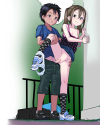  1boy 1girl :o against_wall backpack bag black_camisole black_hair black_shirt black_socks blue_footwear blue_shirt blue_skirt blush brown_hair camisole kodomo_doushi closed_mouth clothed_sex clothes_lift clothes_pull collarbone decensored denim denim_skirt erection flat_chest full_body green_shorts grey_eyes grey_footwear hair_between_eyes heart heart_print heart_socks hetero highres kneehighs leg_lift loli moon_print multicolored_camisole multicolored_footwear multicolored_kneehighs multicolored_shirt multicolored_socks nipples open_mouth original outdoors panties panties_around_leg penis polka_dot polka_dot_camisole polka_dot_shirt print_camisole print_kneehighs print_panties print_shirt print_socks print_underwear pussy sex shirt shirt_lift shoes shorts shorts_pull shota skirt skirt_lift smile sneakers socks spaghetti_strap standing standing_sex star_(symbol) star_panties star_print strap_slip sweat t-shirt tan tanline third-party_edit twintails uncensored underwear underwear_around_leg unmaker unworn_backpack unworn_bag vaginal velcro velcro_footwear white_footwear white_panties  rating:Explicit score:818 user:schwarz-wohlf