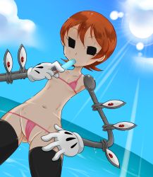  1girl animalorb_kirin animalorbkirin bikini black_thighhighs dutch_angle extra_eyes eye_socket female_focus flat_chest food gloves groin hand_on_own_hip highres ice_cream lens_flare lowleg lowleg_bikini mechanical_arms micro_bikini navel ocean orange_hair peacock_(skullgirls) pink_bikini popsicle red_eyes short_hair skullgirls solo sweat swimsuit thighhighs white_gloves 