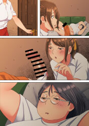  2futa 4koma areola_slip bar_censor blush breasts censored comic couch drooling erection fat fat_woman futa_with_futa futanari glasses large_breasts looking_at_penis multiple_futa obese_female penis sleeping supi_(inner_map)  rating:Explicit score:63 user:bfire227