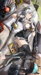  1girl absurdres anby_demara anby_demara_(silver_soldier) bangboo_(zenless_zone_zero) black_boots black_hairband boots braided_sidelocks dvd_case fingerless_gloves gloves grey_hair hairband highres looking_at_viewer lying my_neighbor_totoro_yerby official_alternate_costume on_back on_bed orange_eyes parted_lips short_hair sideboob_cutout sword weapon white_gloves zenless_zone_zero 