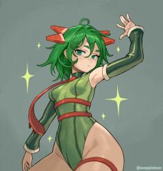  1girl armpits artist_name closed_mouth cowboy_shot detached_sleeves female_focus food-themed_hair_ornament food_print green_eyes green_hair green_leotard hair_ornament highleg highleg_leotard highres leotard long_sleeves matching_hair/eyes mogglebear one-punch_man short_hair solo tatsumaki thigh_strap twitter_username watermelon_hair_ornament watermelon_print 
