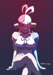  1girl 2022 arms_at_sides bare_arms bare_legs blue_background blue_sleeves breasts crossed_legs dated dress eyebrows_hidden_by_hair feet_out_of_frame frill_trim gradient_background hair_over_one_eye headphones highres hushiitagasuki_(pixiv30387342) invisible_chair large_breasts multicolored_hair naughty_face one_piece one_piece_film:_red parted_lips purple_background purple_eyes red_hair sitting smile solo tsurime two-tone_hair white_dress white_hair 