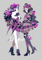  2girls absurdres aikatsu! aikatsu!_(series) anklet back_bow backless_dress backless_outfit bare_back bead_anklet beads beret black_boots black_bow black_gloves black_hat black_sleeves blue_eyes boots bow brown_eyes brown_hair closed_mouth detached_sleeves dress elbow_gloves expressionless eyelashes footwear_bow frilled_dress frilled_footwear frilled_headwear frilled_sleeves frills full_body gloves gradient_hair grey_background grey_bow grey_dress grey_hair grey_pantyhose grey_ribbon hand_on_own_hip hat hat_bow hat_ribbon high_heel_boots high_heels highres hoshimiya_ringo_(aikatsu!) idol jewelry long_hair mask masquerade_mask messy_hair mini_hat mini_top_hat miniskirt mitsuishi_orihime morgue_(southsakura) multicolored_hair multiple_girls pantyhose pencil_skirt puffy_short_sleeves puffy_sleeves purple_bow purple_hair purple_mask purple_skirt purple_theme ribbon short_dress short_hair short_sleeves simple_background skirt skirt_under_dress smile standing stiletto_heels thigh_boots top_hat two-tone_bow two-tone_hair very_long_hair 