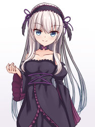 11eyes 1girl aqua_eyes bare_shoulders black_hairband bow bowtie breasts collarbone dress frilled_dress frilled_hairband frilled_sleeves frills gothic_lolita hair_between_eyes hairband highres light_blush light_smile lisette_vertorre lolita_fashion lolita_hairband long_dress long_hair looking_at_viewer purple_bow purple_bowtie purple_dress simple_background small_breasts solo standing tamba_i tsurime very_long_hair white_background white_hair 