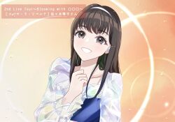  1girl 2nd_live_tour_~blooming_with_ooo~ 4th_live_dream_~bloom_the_dream_believers~ animification black_hair blue_dress clenched_hand commentary_request dress flower_stand_art frilled_dress frills grin hairband highres link!_like!_love_live! long_hair long_sleeves love_live! official_alternate_costume real_life sakari_(pear_8_ll) sasaki_kotoko smile solo tsubasa_la_liberte voice_actor white_hairband 