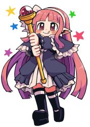  1girl batchgooya black_boots black_dress blush boots bow demon disgaea dress earrings frills highres jewelry lolita_fashion long_hair mage_(disgaea) pink_eyes pink_hair pointy_ears star_(symbol) tongue tongue_out wand white_background white_bow 