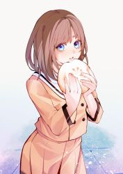1girl absurdres steamed_bun blue_background blue_eyes brown_hair brown_shirt brown_skirt eating food food_bite food_on_face gradient_background grey_background hands_up highres holding holding_food kamen_rider kamen_rider_fourze_(series) long_sleeves looking_at_viewer misaki_nadeshiko multicolored_background parted_lips pleated_skirt purple_background sailor_collar school_uniform shirt short_hair skirt solo upper_body white_sailor_collar yangwu_uriel
