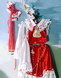 amibazh ascot bow clothes detached_sleeves hair_bow hangar lace lace-trimmed_skirt lace_trim no_humans skirt skirt_set still_life touhou rating:General score:8 user:danbooru
