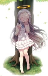  1girl absurdres against_tree ano_hi_mita_hana_no_namae_wo_bokutachi_wa_mada_shiranai. bare_legs barefoot blue_ribbon born-to-die crying_with_eyes_closed dress facing_viewer feet female_focus full_body grass grey_hair halo highres honma_meiko leaf long_hair neck_ribbon outdoors ribbon sleeveless sleeveless_dress smile solo standing tears thighs toes tree very_long_hair white_dress 