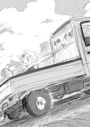  0_0 1girl absurdres chibi cloud commentary_request day dog dyson_(edaokunnsaikouya) greyscale highres kantai_collection long_hair monochrome motor_vehicle outdoors pickup_truck riding scarf shiba_inu sky smile truck yuudachi_(kancolle) yuudachi_kai_ni_(kancolle) 