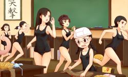  10s 6+girls asymmetrical_bangs bad_id bad_pixiv_id black_hair black_one-piece_swimsuit bra braid brown_eyes classroom fukuda_haru girls_und_panzer glasses holding hosomi_shizuko ikeda_emi indoors long_hair multiple_girls nagura_setsuko nishi_kinuyo one-piece_swimsuit open_mouth round_eyewear running school school_swimsuit short_hair single_braid smile standing sweatdrop swim_cap swimsuit tamada_tamaki twin_braids underwear viscount_shishamo wavy_mouth  rating:Sensitive score:9 user:danbooru