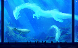  aquarium blue_light dragon eastern_dragon fish glowing lens_flare looking_at_animal original painterly people rock scenery shark silhouette size_difference subsurface_scattering swimming whale_shark zandra 