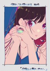 bare_shoulders blue_background blue_shirt blue_tank_top breasts brown_eyes brown_hair cleavage earrings eyelashes grey_background highres hirayama_kanna jewelry kanojo_okarishimasu lips long_hair looking_at_viewer mizuhara_chizuru parted_lips shirt simple_background tank_top 