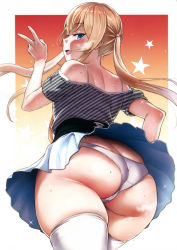  1girl :d absurdres ass bare_shoulders blonde_hair blue_eyes blush breasts butt_crack colored_skin cowboy_shot fang female_focus female_pubic_hair from_behind half-closed_eyes heavy_breathing highres hinnyuu-chan_(iku) huge_ass ikuchan_kaoru long_hair multicolored_skin off_shoulder open_mouth original panties pleated_skirt pubic_hair pubic_hair_peek scan shirt short_sleeves sidelocks simple_background skindentation skirt small_breasts smile solo star_(symbol) striped_clothes striped_shirt sweat thick_thighs thighhighs thighs twintails underwear upskirt v white_background white_panties white_skirt white_thighhighs wind wind_lift  rating:Questionable score:118 user:danbooru