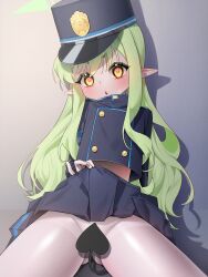  1girl absurdres agnamore black_hat black_jacket black_skirt blue_archive blush clothes_lift commentary_request demon_tail gloves green_hair grey_background hair_between_eyes halo hat heart heart-shaped_pupils highres hikari_(blue_archive) huge_filesize jacket lifting_own_clothes loli long_hair no_panties pantyhose parted_lips pleated_skirt pointy_ears shako_cap short_eyebrows skirt skirt_lift small_sweatdrop solo sweat symbol-shaped_pupils tail tail_censor thick_eyebrows v-shaped_eyebrows very_long_hair white_gloves white_pantyhose yellow_eyes 