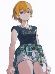  1girl black_shirt blonde_hair earrings highres idolmaster idolmaster_shiny_colors jewelry orniflop red_eyes saijo_juri shirt short_hair shorts standing white_background 