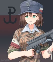  1girl absurdres ammunition_pouch aqua_eyes armband artist_name bandaged_arm bandages belt blue_hat blue_shirt brown_belt brown_hair brown_jacket clenched_teeth commentary explosive flag_armband flag_background grenade gun hat hat_ornament highres holding holding_gun holding_weapon jacket leochan1202 looking_at_viewer military military_uniform original polish_army polish_flag pouch shirt short_hair sleeves_rolled_up solo stielhandgranate submachine_gun teeth upper_body weapon weapon_request world_war_ii 
