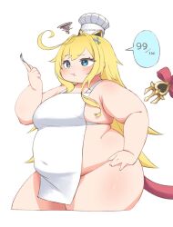 1girl ahoge apron blonde_hair blue_eyes blush breasts chef_hat chewing covered_navel eating escoffier_(genshin_impact) fat fat_woman food food_on_face fork fork_hair_ornament genshin_impact hair_ornament hand_on_own_hip hat heart heart-shaped_pupils highres holding holding_fork long_hair medium_breasts naked_apron nantekottai25 plump solo spoon_hair_ornament standing symbol-shaped_pupils tail thick_arms thick_thighs thighs white_background white_hat wide_hips