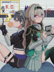  2girls anger_vein aqua_skirt back-to-back bandaid bandaid_on_leg black_gloves black_hairband black_jacket black_shorts blowing_bubbles blue_pupils bridal_gauntlets chewing_gum closed_mouth commentary_request cropped_jacket crossed_bangs cushion defeat ear_piercing eyewear_on_head feet_out_of_frame fingerless_gloves firefly_(honkai:_star_rail) fur-trimmed_jacket fur_trim gloves green_thighhighs grey_eyes grey_hair hair_between_eyes hair_ornament hairband hairclip handheld_game_console highres holding holding_handheld_game_console honkai:_star_rail honkai_(series) indoors jacket knees_up long_hair long_sleeves looking_at_another looking_back midriff multiple_girls neckerchief on_cushion orange_neckerchief piercing playing_games pout purple-tinted_eyewear purple_eyes sam_(honkai:_star_rail) shirt shorts silver_wolf_(honkai:_star_rail) single_bridal_gauntlet sitting skirt star_(sky) thigh_strap thighhighs tinted_eyewear toki78288809 white_shirt window zettai_ryouiki 