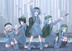  5girls :d ;) alternate_hairstyle arm_up arms_up backpack bag bespectacled black_footwear black_hair blue_eyes blue_footwear blue_hair blue_shirt blue_skirt blunt_bangs bob_cut boots bow bowtie breasts newsboy_cap cattail commentary_request cross-laced_footwear dark_haired_kappa from_side full_body glasses glasses_kappa green_hat gun hair_bobbles hair_ornament hair_tie_kappa hand_on_own_hip handgun hands_up hat holding holding_gun holding_pen holding_plant holding_weapon holding_wrench ichiba_youichi kappa_mob_(touhou) kawashiro_nitori key kneeling long_sleeves looking_at_viewer looking_back medium_breasts multiple_girls on_one_knee one_eye_closed open_mouth pen pistol plant pocket red_bow red_neckwear round_eyewear rubber_boots shirt short_hair silver_hair skirt smile squatting standing touhou two_side_up water weapon wrench x_hair_ornament 