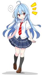  1girl ahoge black_socks blue_hair blue_skirt blush brown_shoes closed_mouth collared_shirt commentary_request dot_nose full_body highres kneehighs kotatsu-mazoku loafers long_hair looking_at_viewer necktie notice_lines original plaid_clothes plaid_skirt pleated_skirt red_eyes red_necktie school_uniform shirt shoes short_sleeves simple_background skirt smile socks solo standing white_background white_shirt 
