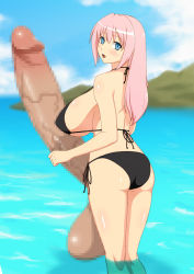  1futa ass bikini blue_eyes breasts censored full-package_futanari futanari gigantic_penis highres huge_breasts huge_testicles kinoko_(pixiv) penis pink_hair solo swimsuit testicles veins veiny_penis  rating:Explicit score:58 user:PeteParrot