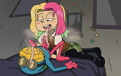  1boy 1girl after_fellatio amphibia bed bedroom black_eyes blonde_hair blush boots collared_shirt colored_skin covered_face ctfbm cum cum_in_mouth frog_boy full_body green_hair green_skirt half-closed_eyes indoors long_hair looking_down lying molly_jo multicolored_hair open_mouth pantyhose penis pink_hair pink_skin round_eyewear shirt skirt sprig_plantar sweatdrop sweater_vest teeth tongue tongue_out toon_(style) 