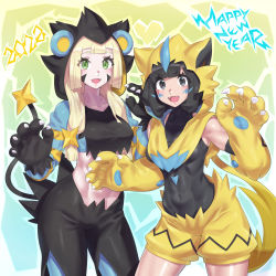 2022 2girls black_hair blonde_hair blunt_bangs braid chinese_zodiac commentary_request covered_navel gen_4_pokemon gen_7_pokemon green_eyes happy_new_year highres hood hoodie legendary_pokemon lillie_(pokemon) long_hair luxray mizuumi_(bb) multiple_girls mythical_pokemon new_year nintendo pokemon pokemon_(creature) pokemon_sm selene_(pokemon) short_hair skin_tight swept_bangs twin_braids year_of_the_tiger zeraora rating:Sensitive score:37 user:danbooru