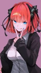 1girl :d black_jacket black_ribbon blue_eyes blunt_bangs breasts butterfly_hair_ornament etain_(e_t_a_i_n) go-toubun_no_hanayome hair_ornament hair_ribbon highres jacket large_breasts looking_at_viewer multicolored_nails nail_polish nakano_nino open_mouth pink_hair purple_background ribbon shirt simple_background smile solo v white_shirt rating:General score:20 user:danbooru