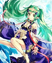  1girl bad_id bad_pixiv_id barefoot braid closed_mouth dress female_focus fire_emblem fire_emblem:_three_houses green_eyes green_hair hair_ornament hair_ribbon highres long_hair nintendo pointy_ears ribbon_braid solo sothis_(fire_emblem) tiara tida_2112 twin_braids  rating:Sensitive score:5 user:danbooru