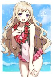  1girl :d alternate_hairstyle blonde_hair breasts casual_one-piece_swimsuit collar commentary commission covered_navel elise_(fire_emblem) elise_(tropical_flower)_(fire_emblem) english_commentary fire_emblem fire_emblem_fates fire_emblem_heroes flat_chest flower flower_collar frilled_one-piece_swimsuit frills hair_down hand_on_own_chest hand_on_own_leg highres long_hair looking_at_viewer multicolored_hair nintendo ocean official_alternate_costume one-piece_swimsuit open_mouth outdoors purple_eyes purple_hair rotomdocs sign small_breasts smile solo swimsuit teeth two-tone_hair upper_body upper_teeth_only very_long_hair 