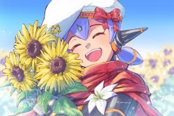  1girl ^_^ artist_name blue_hair blurry blurry_background bow closed_eyes commentary_request flower hat hat_bow highres holding holding_flower poppi_(xenoblade) red_bow smile solo sunflower teeth twitter_username upper_body upper_teeth_only watermark white_flower white_hat xenoblade_chronicles_(series) xenoblade_chronicles_2 yumiyoiyoi 