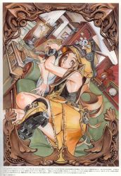  1girl absurdres arc_system_works artbook bare_shoulders book brown_hair candle clothes_writing couch dutch_angle female_focus green_upholstery guilty_gear hat heart highres holding ishiwatari_daisuke long_hair lying may_(guilty_gear) official_art on_side orange_hat overalls pirate pirate_hat scan shoes skull skull_and_crossbones solo table yellow_eyes  rating:Sensitive score:24 user:Kota_Hoshino