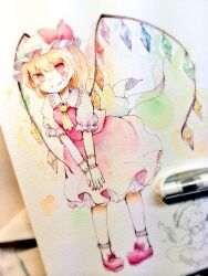  2girls art_tools_in_frame ascot blonde_hair blush bow closed_eyes closed_mouth collared_shirt commentary_request crystal crystal_wings flandre_scarlet frilled_shirt_collar frills hat hat_bow komeiji_koishi looking_at_viewer mob_cap multicolored_wings multiple_girls one_side_up photo_(medium) red_bow red_eyes red_shoes red_skirt red_vest shiro_tsugumi shirt shoes short_sleeves skirt skirt_set smile socks solo_focus touhou traditional_media vest white_hat white_shirt white_socks wide_sleeves wings yellow_ascot 