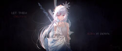  1girl absurdres alternate_costume arms_behind_back bare_shoulders blunt_bangs commentary dark_background dark_persona disembodied_hand dress english_text gawr_gura hand_on_another&#039;s_arm hand_on_another&#039;s_face hand_on_another&#039;s_head highres holding holding_polearm holding_weapon hololive hololive_english kayjae long_hair looking_at_viewer multicolored_hair pendant_choker pleated_dress polearm red_eyes red_hair sidelocks sleeveless sleeveless_dress solo straight-on streaked_hair teardrop tearing_up tiara transparent_hand trident two-tone_hair virtual_youtuber weapon white_dress white_hair wind wind_lift 