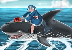  1girl akira_(manga) akira_slide animal_costume animal_hood blue_eyes blue_hair blue_hoodie drie fins fish_tail gawr_gura gawr_gura_(1st_costume) highres hololive hololive_english hood hood_up hoodie looking_at_viewer medium_hair multicolored_hair shark shark_costume shark_girl shark_hood shark_tail sleeves_past_fingers sleeves_past_wrists smile streaked_hair tail virtual_youtuber water white_hair white_sneakers 