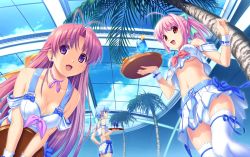 10s 3girls ahoge antenna_hair aoi_matsuri belt blue_eyes blue_hair breasts choker cleavage drink game_cg himuro_rikka hinata_hanabi koutaro leaning_forward long_hair midriff multiple_girls open_mouth palm_tree panties pantyshot pink_hair purple_eyes purple_hair red_eyes short_hair skirt thighhighs tray tree tropical_kiss underboob underwear waitress rating:Questionable score:31 user:RndUser