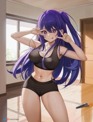 1girl armpits breasts cameltoe cleavage commission greatodoggo gym_shorts gym_uniform highres hoshino_ai large_breasts navel nipples oshi_no_ko purple_hair see-through_clothes shorts solo star-shaped_pupils star_(symbol) star_in_eye sweat symbol-shaped_pupils symbol_in_eye thighs tongue tongue_out rating:Questionable score:72 user:danbooru