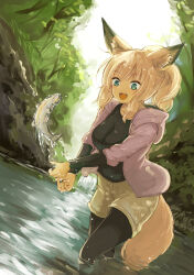  1girl :d animal_ear_fluff animal_ears batta_(kanzume_quality) black_wetsuit blonde_hair commentary_request dappled_sunlight dropping fish fox_ears fox_girl fox_tail fox_wife_(batta_(kanzume_quality)) hood hood_down hoodie kitsune_no_oyome-chan light_particles looking_at_animal nature open_mouth outdoors paid_reward_available pink_hoodie ponytail refraction riverbank shorts smile solo stream sunlight tail tree wading water_drop wet 
