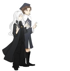1boy 1girl age_difference androgynous blonde_hair boots brown_eyes caren_hortensia chibibro cosplay costume_switch cross cross_necklace crossdressing double_v drawfag fate/hollow_ataraxia fate/stay_night fate/zero fate_(series) father_and_daughter habit hat highres jewelry knee_boots kotomine_kirei long_hair necklace non-web_source nun priest reverse_trap short_hair v white_hair yellow_eyes rating:Sensitive score:6 user:danbooru