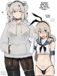  1boy 1futa alterkyon alternate_skin_color animal_ears bare_shoulders black_choker black_hairband black_panties blush breasts brown_hair bulge choker closed_mouth cropped_shirt dominant_futanari drawstring elbow_gloves english_text erection erection_under_clothes fake_animal_ears fake_bunny_ears futa_with_male futanari garter_straps gloves grey_eyes grey_hair grey_hoodie hairband hand_on_another&#039;s_shoulder hand_up highres hood hoodie imminent_rape kantai_collection large_breasts large_penis long_hair long_sleeves miniskirt musashi_(kancolle) navel open_mouth panties pantyhose penis penis_size_difference shimakaze-kun shimakaze_(kancolle) shirt size_difference skirt sleeveless sleeveless_shirt small_penis smile stomach trap twintails underwear veins veiny_penis waving white_background white_gloves white_shirt  rating:Questionable score:255 user:danbooru